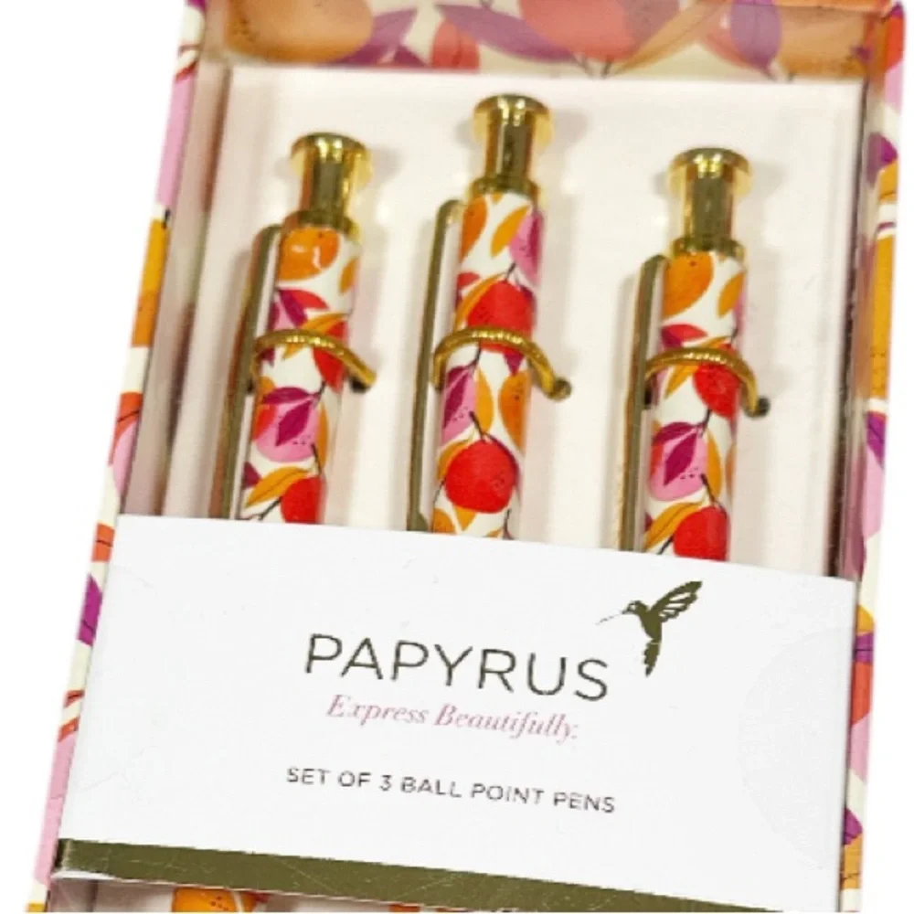 NEW Papyrus Pink, Persimmon & Red Design BALL POINT PEN Set/3 with Gold Accents